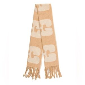 GANNI Wool Logo Scarf – Camel & Cream Neutral • Fringe • 100% Wool